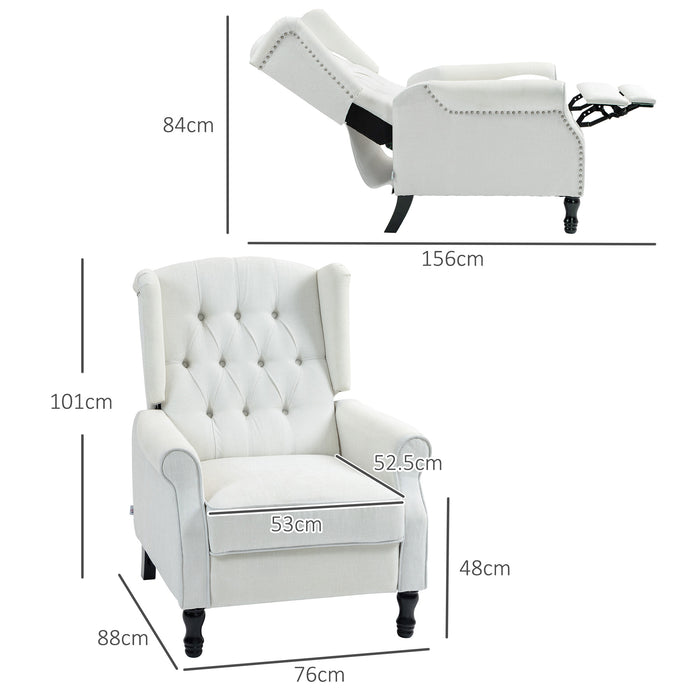 HOMCOM Recliner Armchair, Vintage Reclining Chair with Nail Head Trim, Wingback Chair with Button Tufted Back and Footrest, for Living Room, Cream White | Aosom UK
