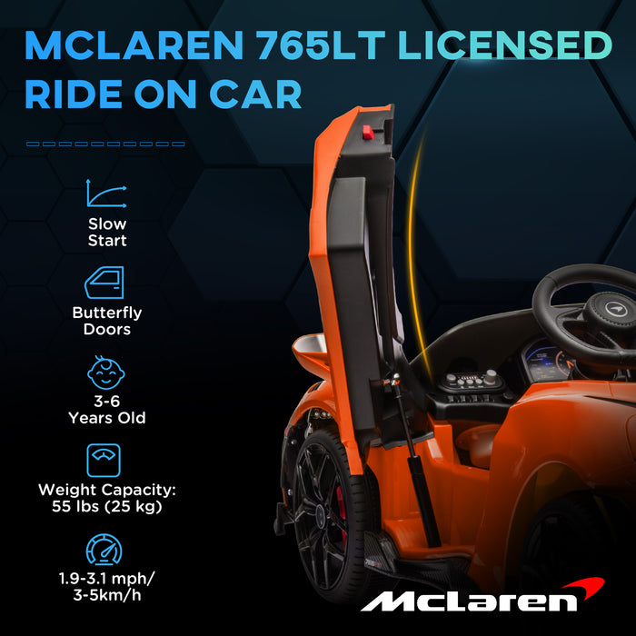 AIYAPLAY McLaren 765LT Licensed 12V Kids Electric Ride on Car with Butterfly Doors Remote Control Training Wheels Orange | Aosom UK