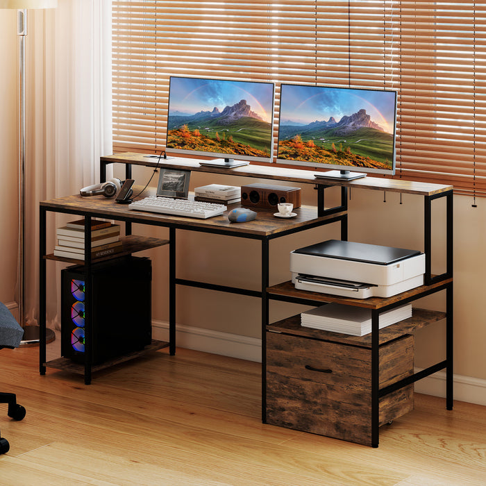 COSTWAY 166CM Computer Desk with Charging Station for Home Office-