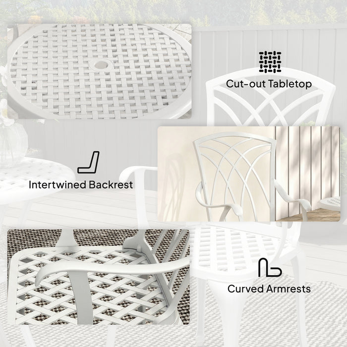 Outsunny 3 Pieces Garden Bistro Set, Cast Aluminium Outdoor Dining Set with 2 Chairs and Round Table with Parasol Hole, White