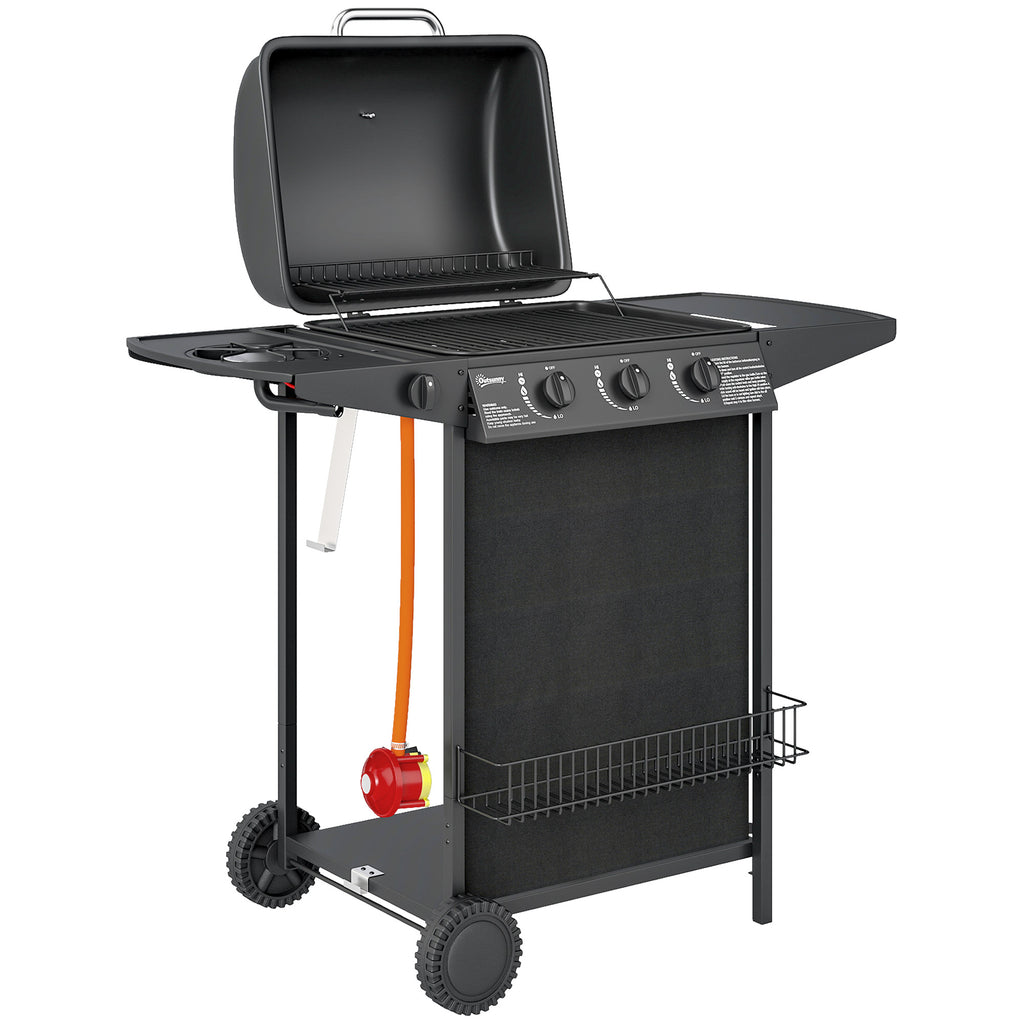 Outsunny 3+1 Burner Gas BBQ Grill, Portable Gas Barbecue Grill with Built-in Thermometer, Lid, Side Table, Shelf, Spice Rack, Wheels, Grease Cup for Garden Party Outdoor Cooking, Black