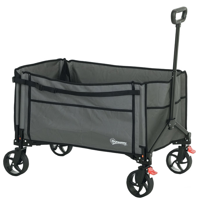 Outsunny Folding Trolley on Wheels, 150L Collapsible Wagon Festival Trolley Cart with Openable Sides, Adjustable Handle and Brakes for Shopping Camping Beach and Garden, Grey