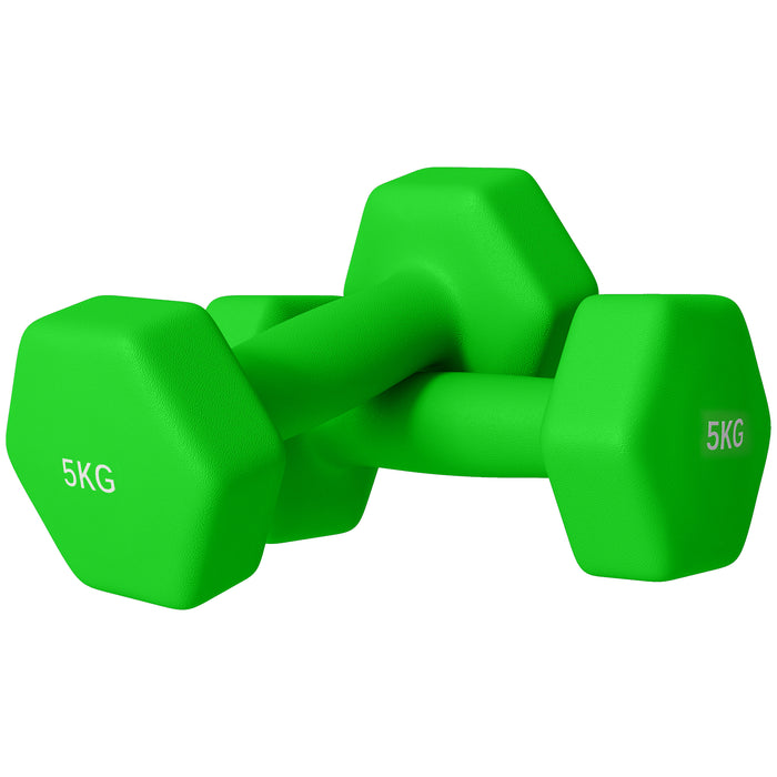 Hexagonal Dumbbell Pair - 2 x 5kg Weights with Non-Slip Grip, Green - Ideal for Home Gym Fitness Training