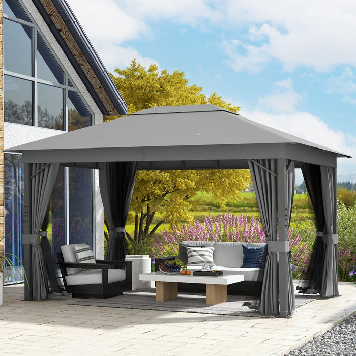 Aluminium Frame Patio Gazebo Canopy 4x3m - Vented Roof with Netting and Curtains in Grey - Ideal Outdoor Shelter for Garden and Deck Entertainment