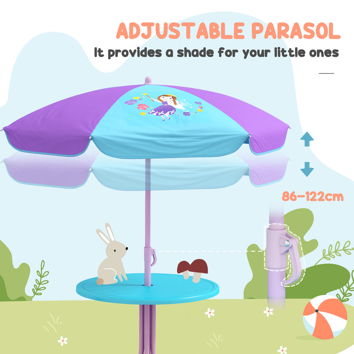 Kids Outdoor 4-Piece Fun Set - Swing with Adjustable Canopy & Table-Chair Combo with Parasol - Ideal for Girls Aged 3-6 Years