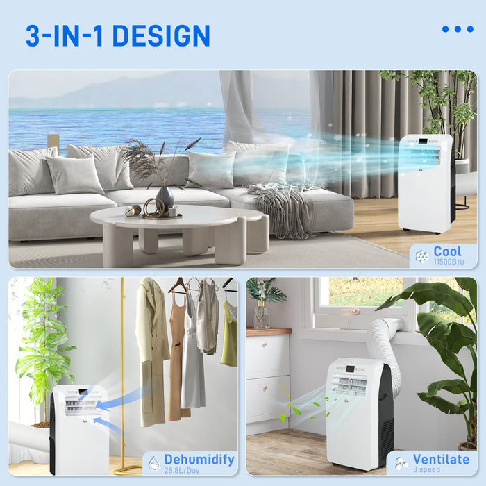 12000 BTU Portable Air Conditioner - 3-in-1 Functionality: Cooling, Dehumidifying, Fan - Ideal for 28m² Rooms with Remote, Timer, and Window Kit