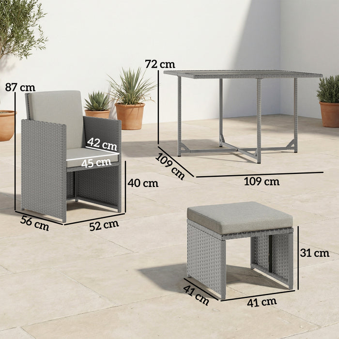 Outsunny 9 Piece Rattan Cube Garden Furniture Dining Set with Armchairs, Footstools and Glass-Top Table, Light Grey