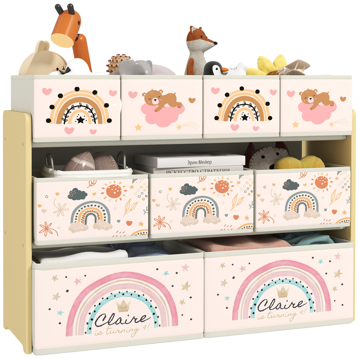 AIYAPLAY 3-Tier Kids Storage Unit with 9 Non-Woven Fabric Boxes for To ...