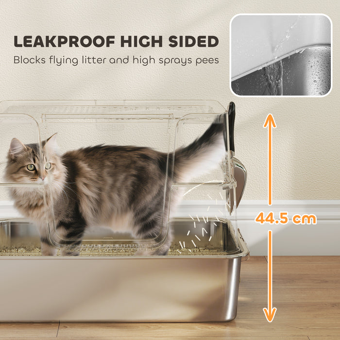 PawHut XL Stainless Steel Litter Box w/ 100° Flip Top, Scoop, Side Top Dual Entry, Odor Free, Easy Cleaning, Anti Leakage