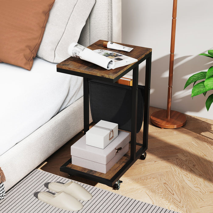 C-shaped Side Table on Wheels with Storage Pouch for Living Room and Bedroom-