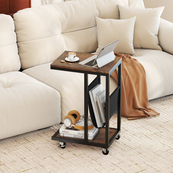 C-shaped Side Table on Wheels with Storage Pouch for Living Room and Bedroom-