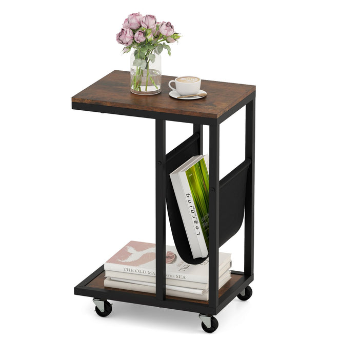 C-shaped Side Table on Wheels with Storage Pouch for Living Room and Bedroom-