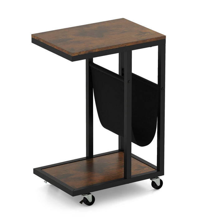 C-shaped Side Table on Wheels with Storage Pouch for Living Room and Bedroom-