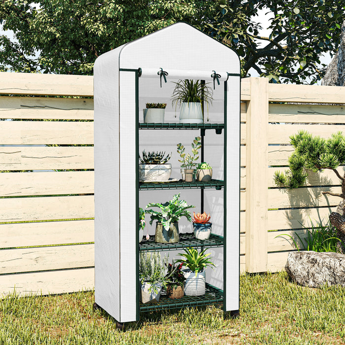 Outsunny 4 Tier Mini Portable Greenhouse Compact Plant Grow Shed Metal Frame PE Cover with Lockable Rolling Wheels , White