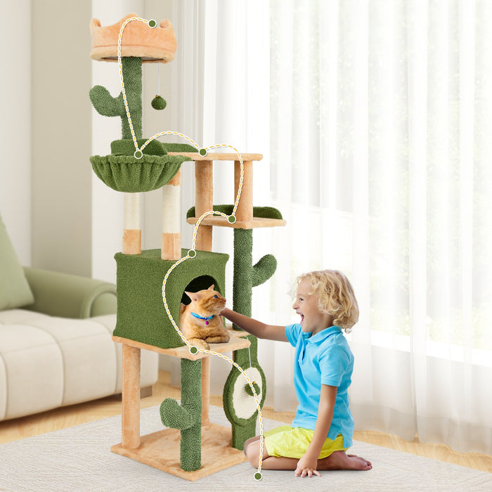 160 CM Cactus Cat Tree with Sisal Scratching Posts for Indoor Cats