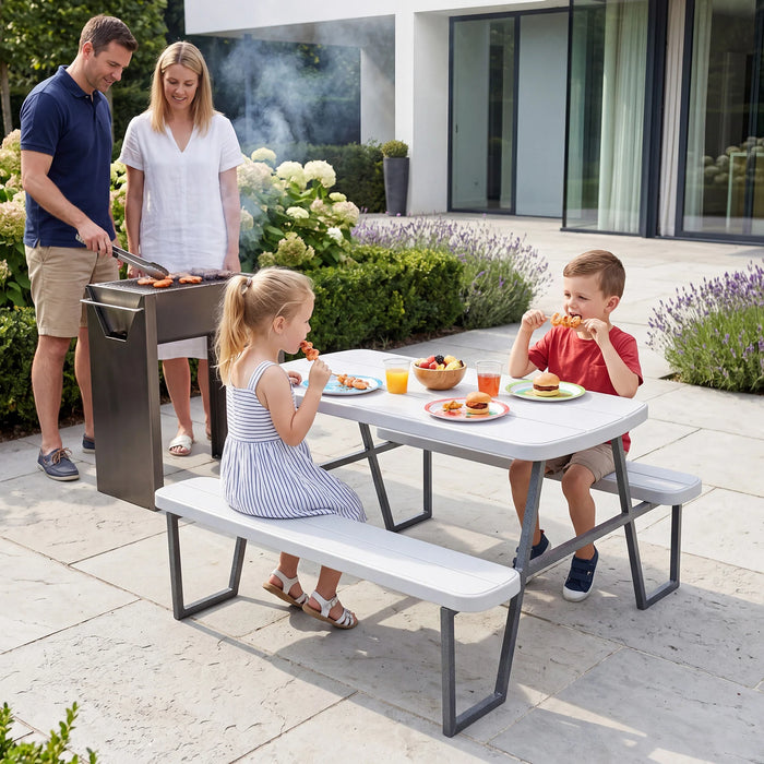 Camping Table and Chairs with Umbrella Hole and Metal Frame for Boys Girls Ages 3-8-White