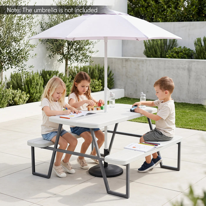 Camping Table and Chairs with Umbrella Hole and Metal Frame for Boys Girls Ages 3-8-White