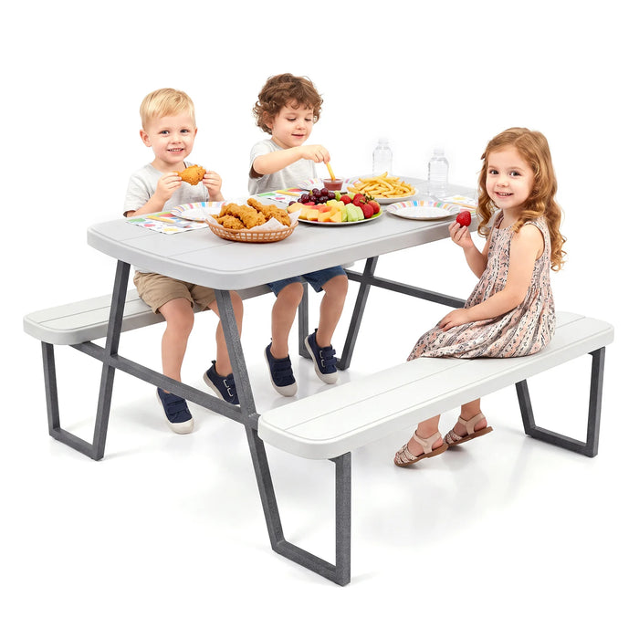 Camping Table and Chairs with Umbrella Hole and Metal Frame for Boys Girls Ages 3-8-White