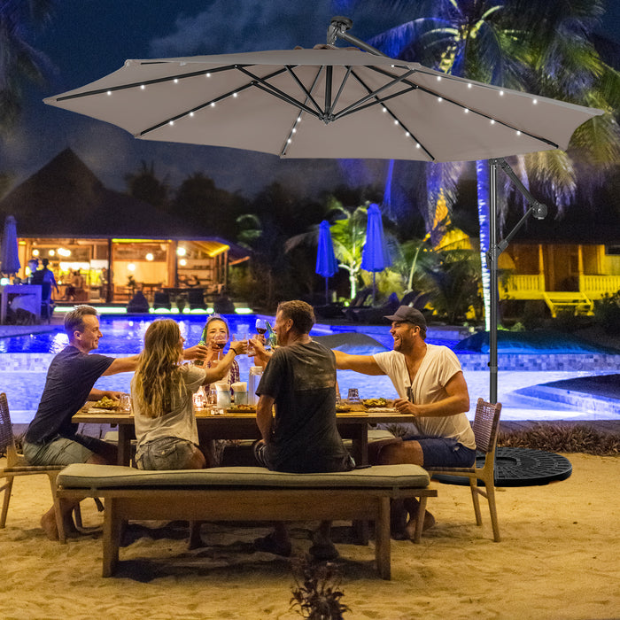 10ft Cantilever Umbrella - With 32 Solar-Powered LED Lights for Poolside or Market, Blue - Ideal for Backyard Shade and Nighttime Use