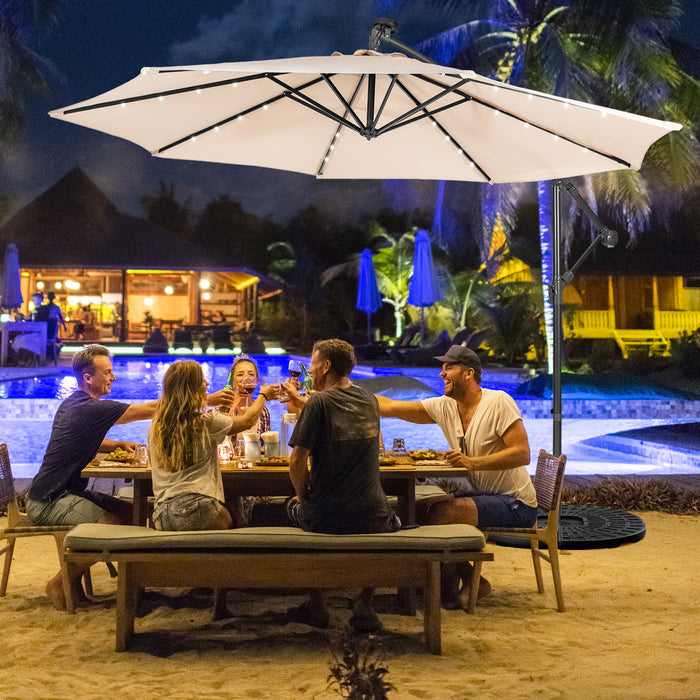 10ft Cantilever Umbrella - With 32 Solar-Powered LED Lights for Poolside or Market, Blue - Ideal for Backyard Shade and Nighttime Use