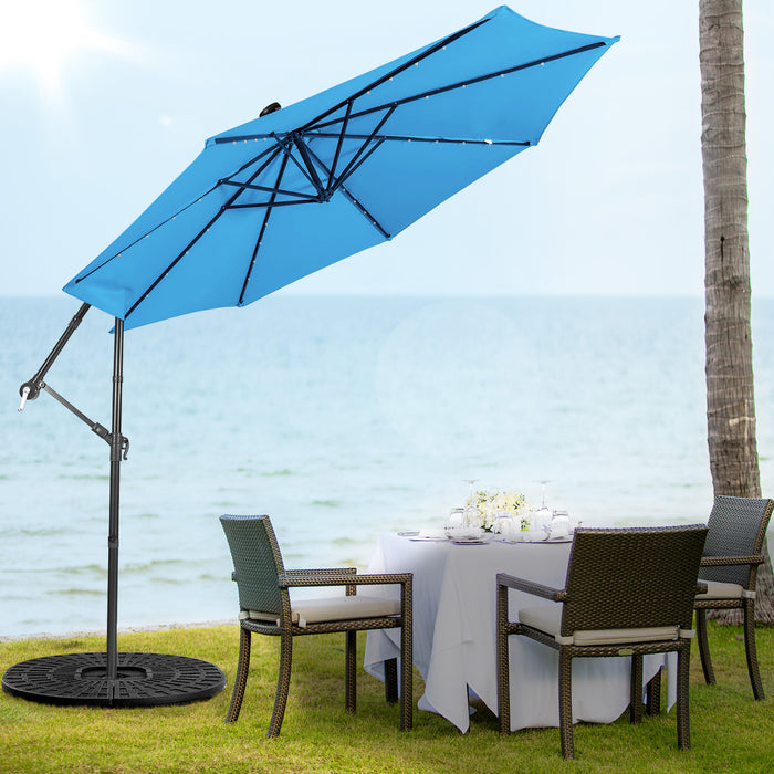10ft Cantilever Umbrella - With 32 Solar-Powered LED Lights for Poolside or Market, Blue - Ideal for Backyard Shade and Nighttime Use