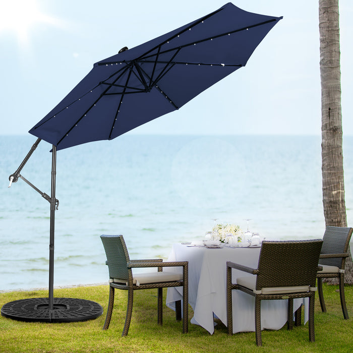10ft Cantilever Umbrella - With 32 Solar-Powered LED Lights for Poolside or Market, Blue - Ideal for Backyard Shade and Nighttime Use