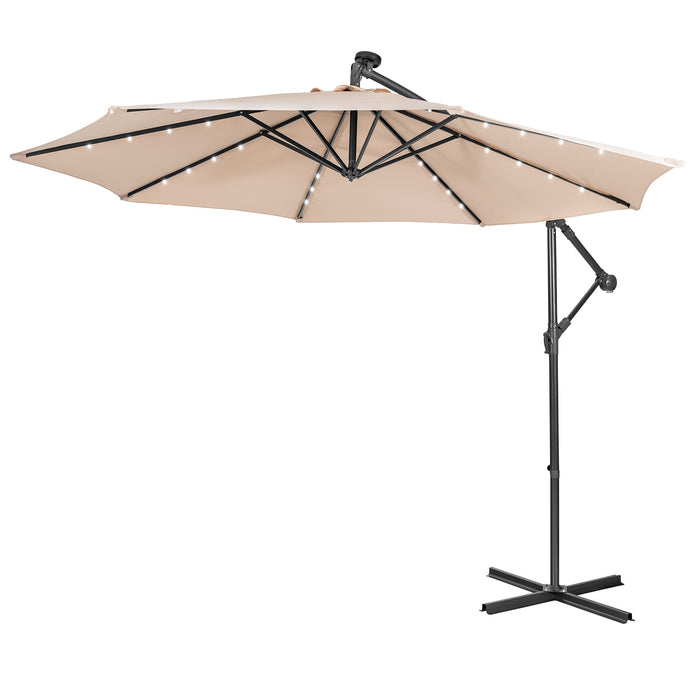 10ft Cantilever Umbrella - With 32 Solar-Powered LED Lights for Poolside or Market, Blue - Ideal for Backyard Shade and Nighttime Use