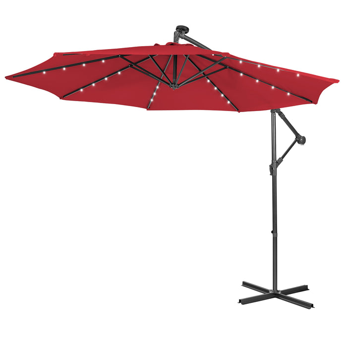 10ft Cantilever Umbrella - With 32 Solar-Powered LED Lights for Poolside or Market, Blue - Ideal for Backyard Shade and Nighttime Use