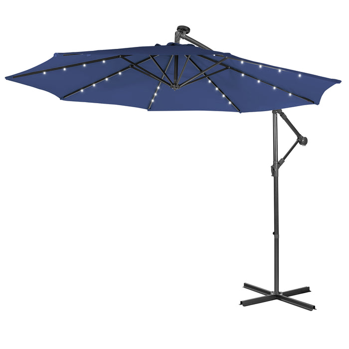 10ft Cantilever Umbrella - With 32 Solar-Powered LED Lights for Poolside or Market, Blue - Ideal for Backyard Shade and Nighttime Use