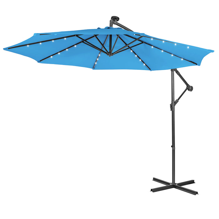 10ft Cantilever Umbrella - With 32 Solar-Powered LED Lights for Poolside or Market, Blue - Ideal for Backyard Shade and Nighttime Use