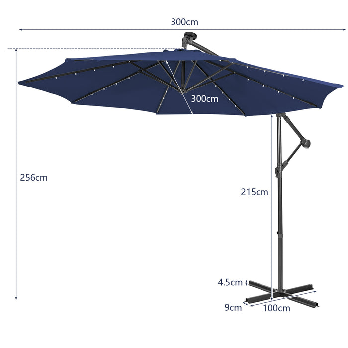 10ft Cantilever Umbrella - With 32 Solar-Powered LED Lights for Poolside or Market, Blue - Ideal for Backyard Shade and Nighttime Use