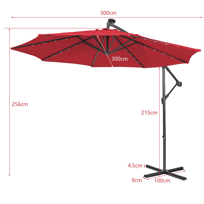 10ft Cantilever Umbrella - With 32 Solar-Powered LED Lights for Poolside or Market, Blue - Ideal for Backyard Shade and Nighttime Use