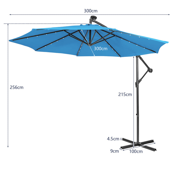 10ft Cantilever Umbrella - With 32 Solar-Powered LED Lights for Poolside or Market, Blue - Ideal for Backyard Shade and Nighttime Use