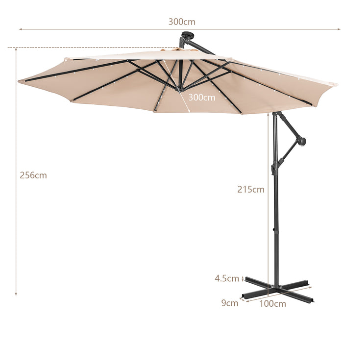 10ft Cantilever Umbrella - With 32 Solar-Powered LED Lights for Poolside or Market, Blue - Ideal for Backyard Shade and Nighttime Use
