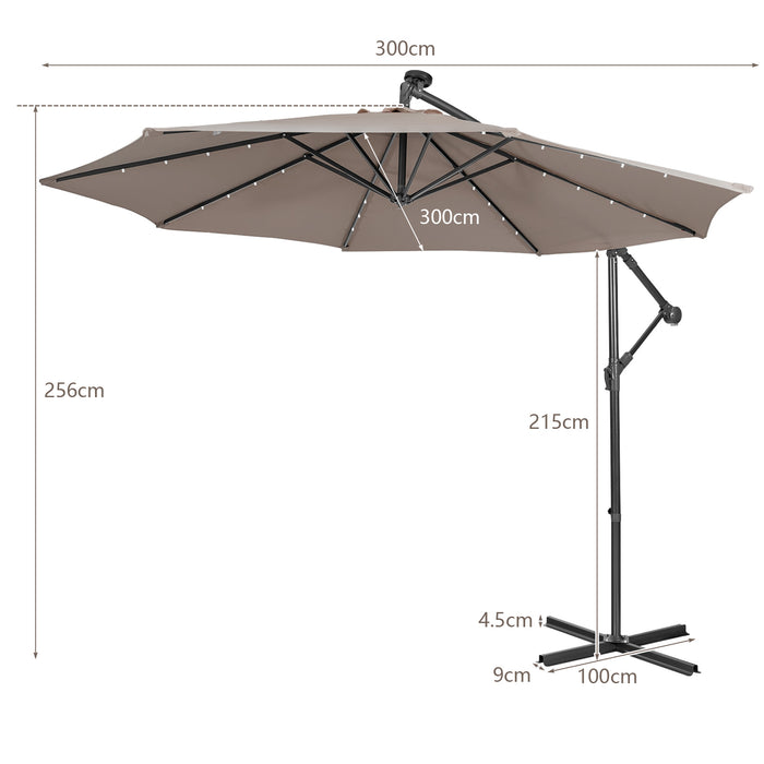 10ft Cantilever Umbrella - With 32 Solar-Powered LED Lights for Poolside or Market, Blue - Ideal for Backyard Shade and Nighttime Use