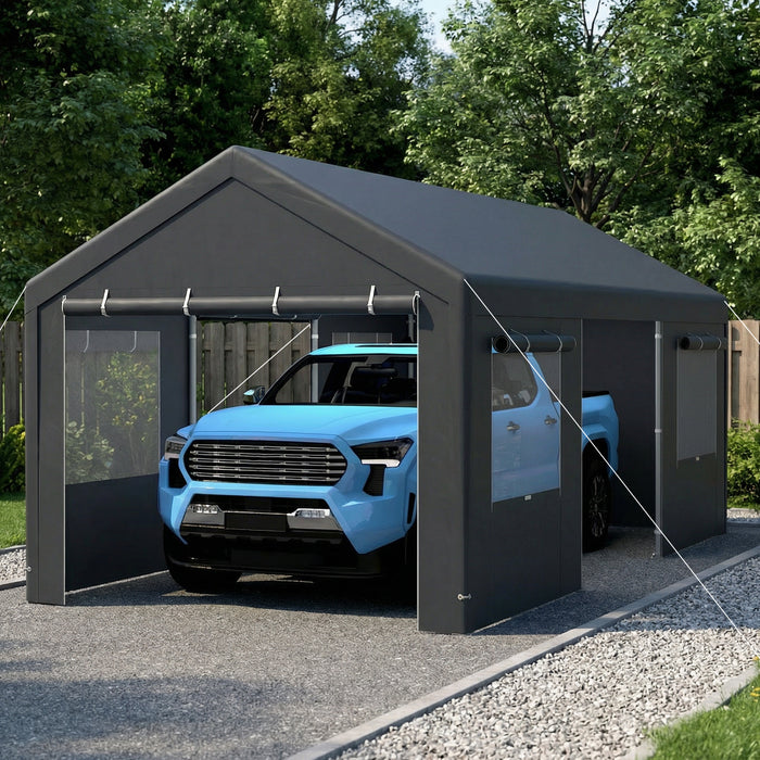 Carport Heavy-Duty Car Canopy with Roll-Up Ventilated Windows-