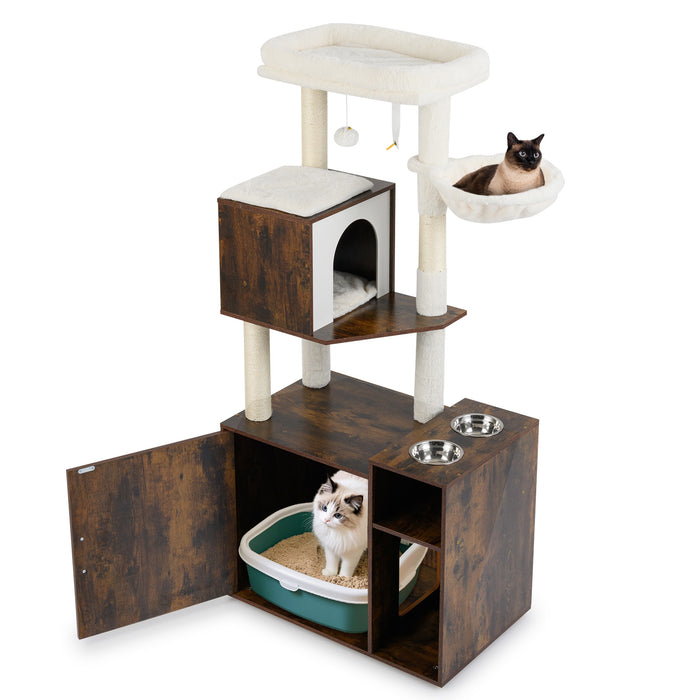 Cat Litter Box Enclosure with Sisal Scratching Post and Mat-