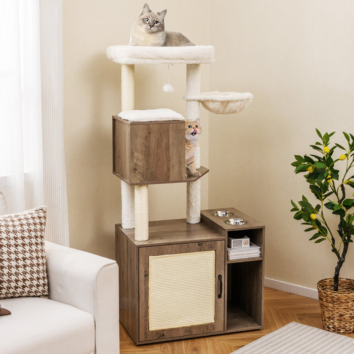 Cat Litter Box Enclosure with Sisal Scratching Post and Mat-