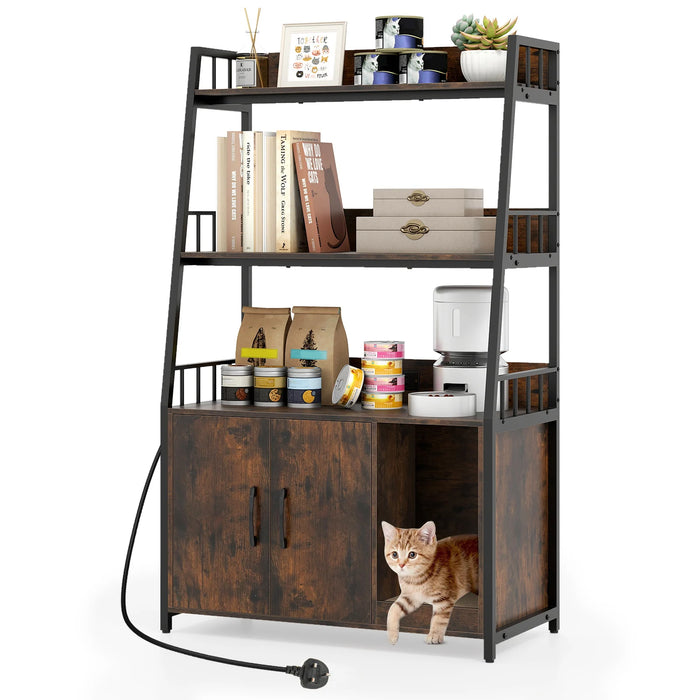 Cat Litter Box Enclosure with Storage Shelves and Scratching Pad-