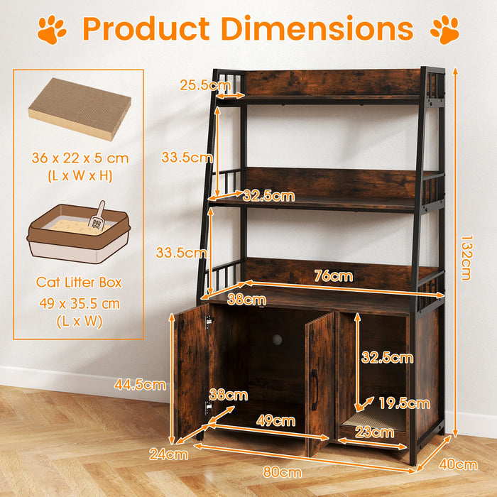 Cat Litter Box Enclosure with Storage Shelves and Scratching Pad-