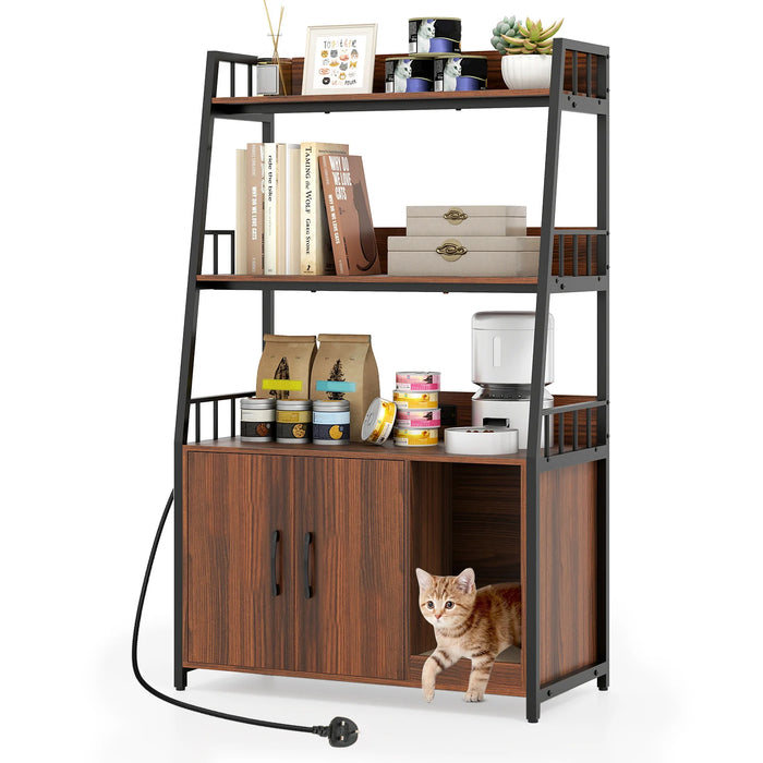 Cat Litter Box Enclosure with Storage Shelves and Scratching Pad-