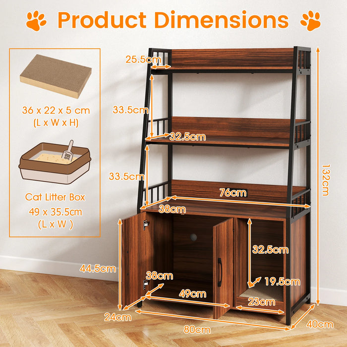 Cat Litter Box Enclosure with Storage Shelves and Scratching Pad-