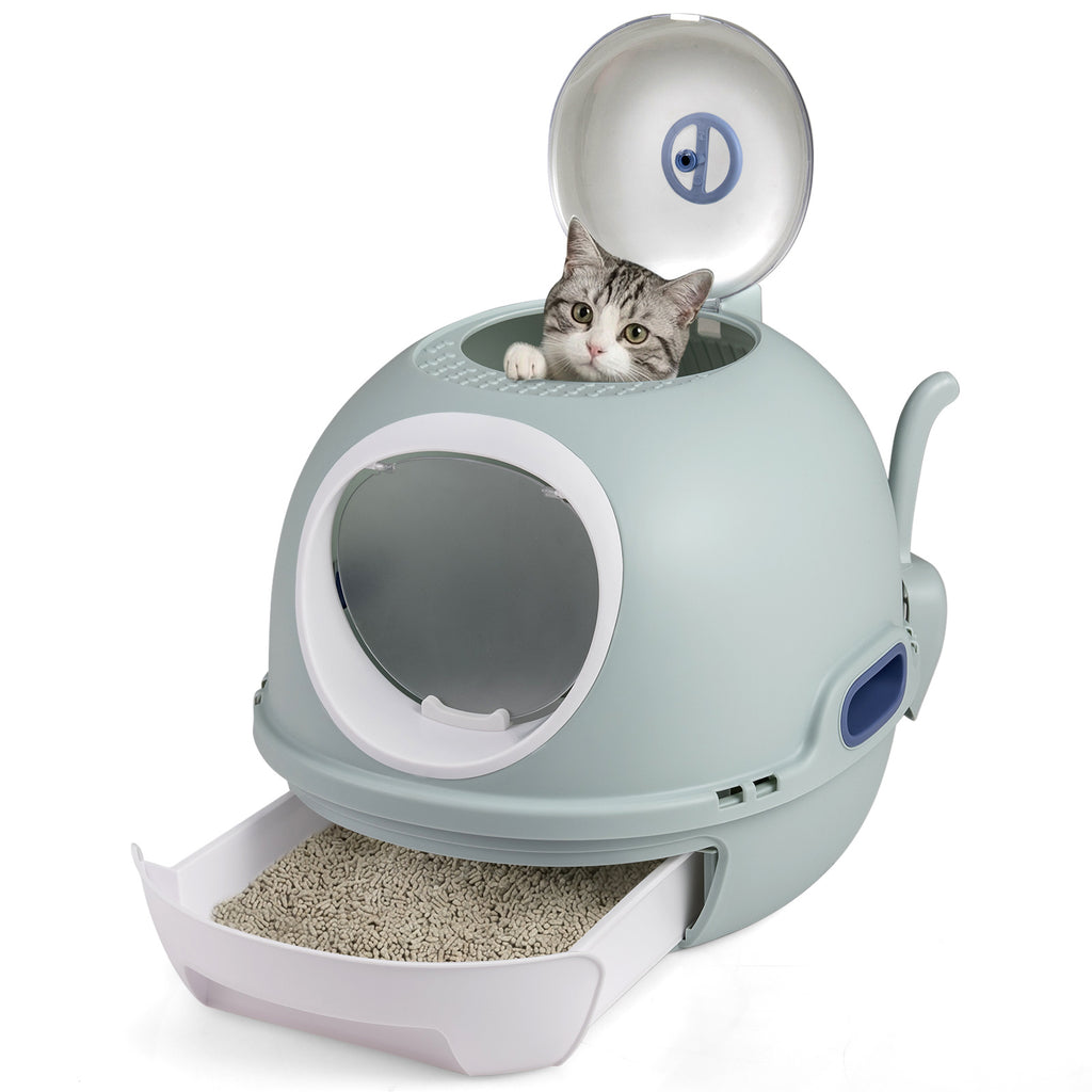 Cat Litter Box with Lid Helicopter Style Fully Enclosed Cat Toilet with Front Entry and Flip Top Exit-