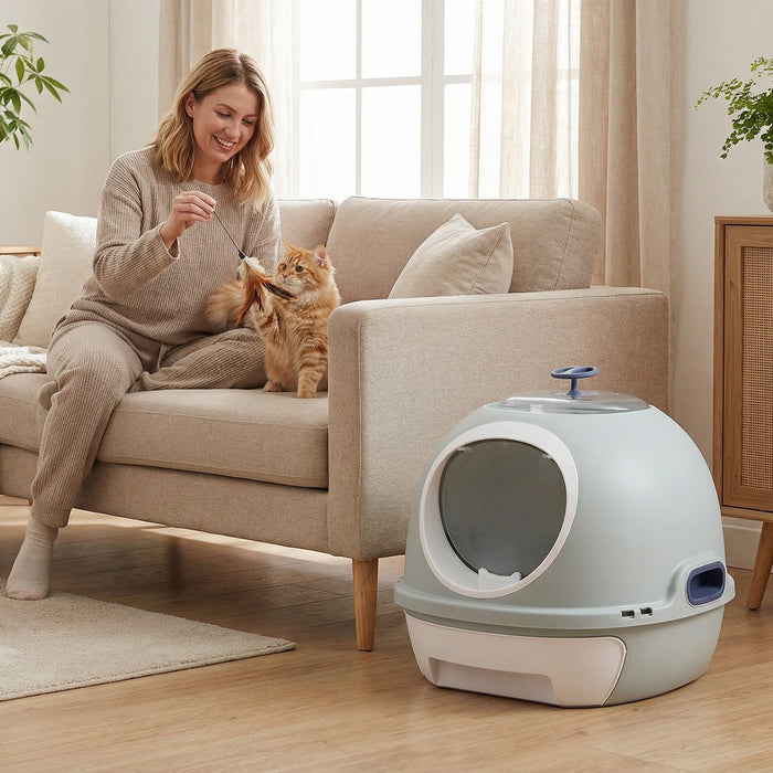 Cat Litter Box with Lid Helicopter Style Fully Enclosed Cat Toilet with Front Entry and Flip Top Exit-
