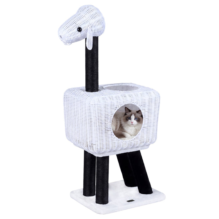 Cat Tree 110cm Lamb-Shaped Cat Tower with 2-Door Rattan Condo Sisal Scratching Posts-