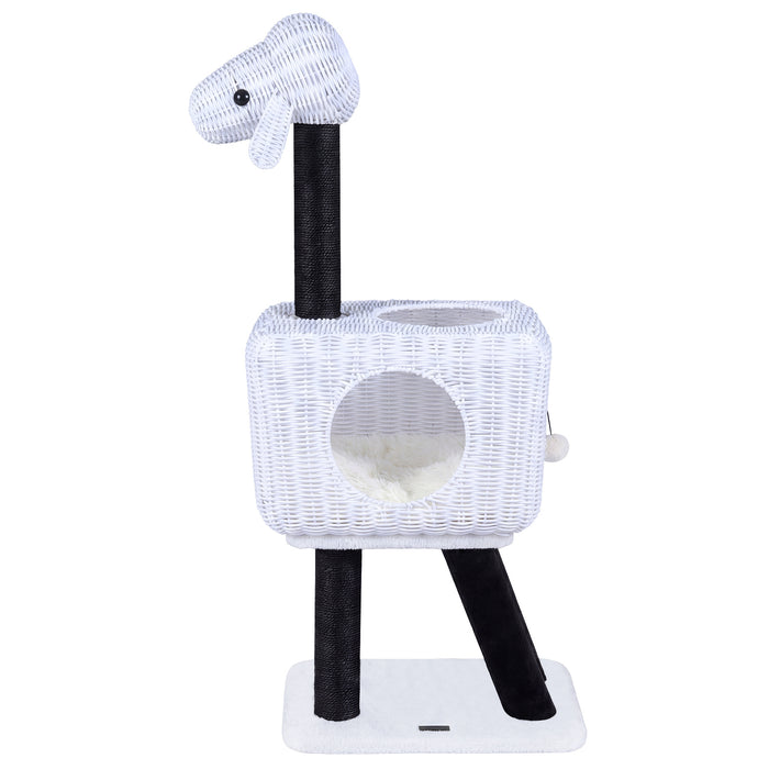 Cat Tree 110cm Lamb-Shaped Cat Tower with 2-Door Rattan Condo Sisal Scratching Posts-