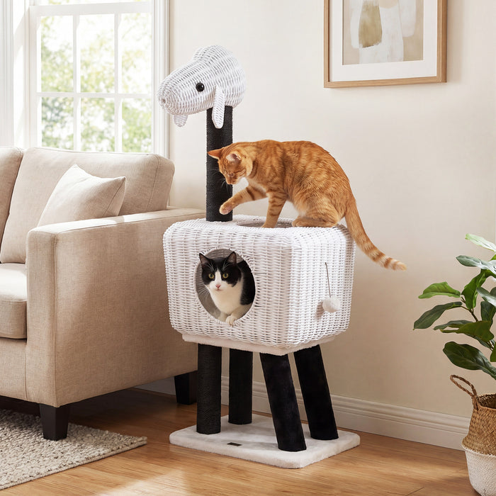 Cat Tree 110cm Lamb-Shaped Cat Tower with 2-Door Rattan Condo Sisal Scratching Posts-