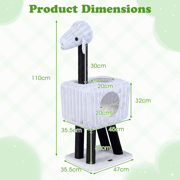 Cat Tree 110cm Lamb-Shaped Cat Tower with 2-Door Rattan Condo Sisal Scratching Posts-
