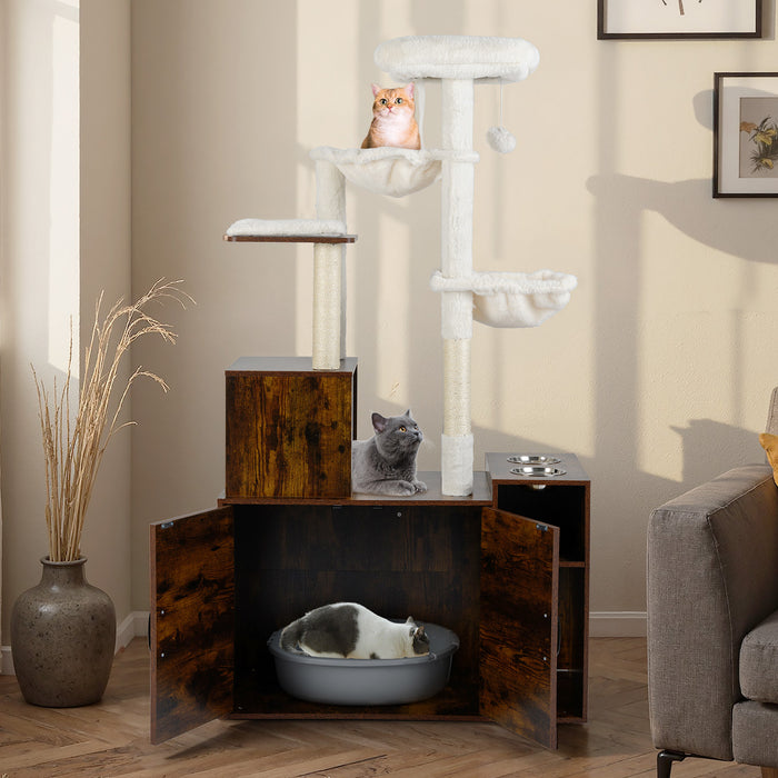 Cat Tree with Litter Box Enclosure Condo All-in-One Wooden Hidden Cat Furniture-