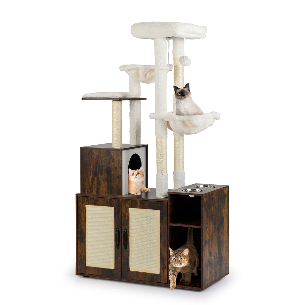 Cat Tree with Litter Box Enclosure Condo All-in-One Wooden Hidden Cat Furniture-